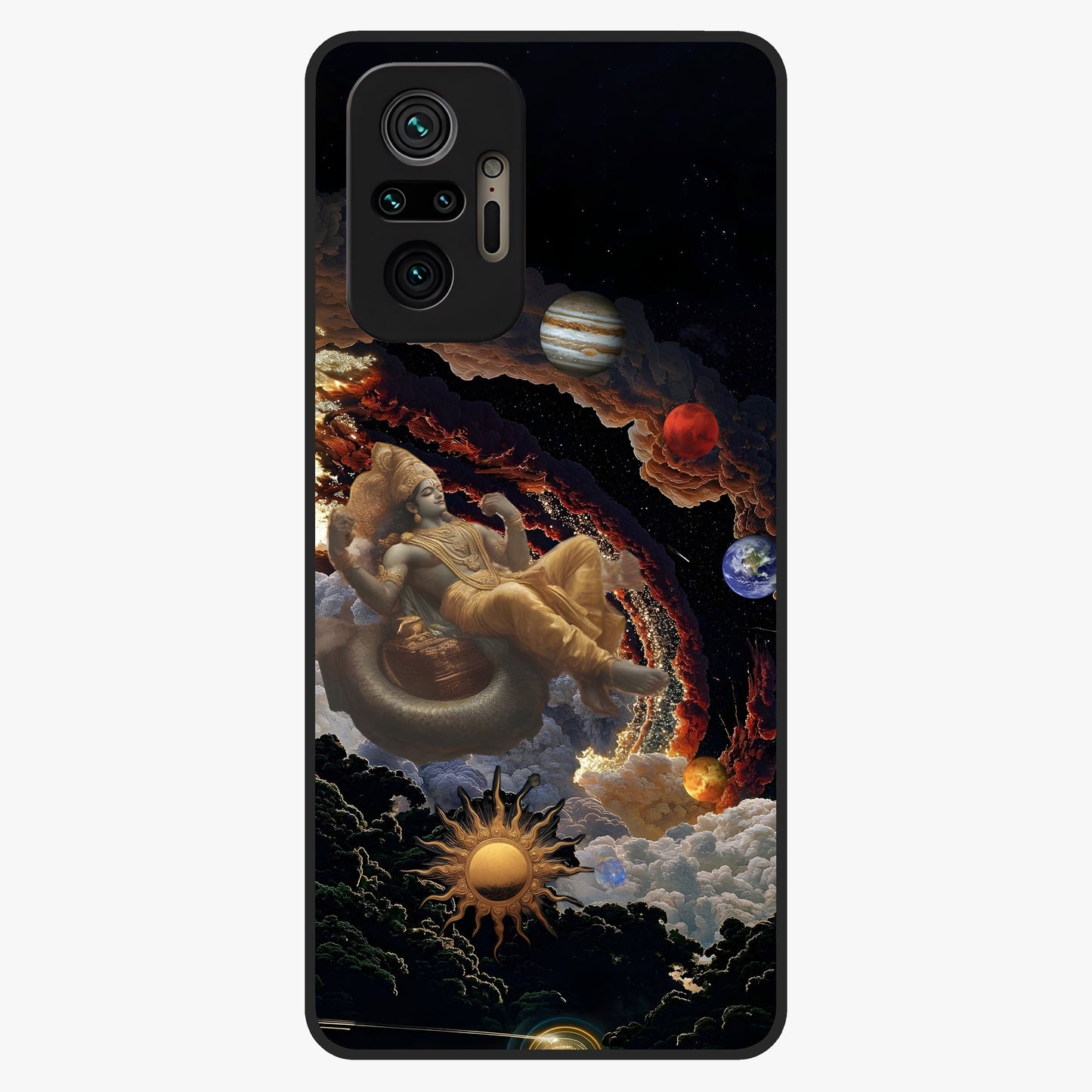 Galactic Divine God Glass Case showing flat back view with divine cosmic themed artwork and glossy glass finish.