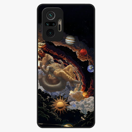 Galactic Divine God Glass Case showing flat back view with divine cosmic themed artwork and glossy glass finish.