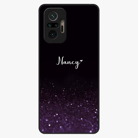 Glittery Purple Bokeh Custom Name Glass Case showing flat back view with purple bokeh sparkle artwork and personalized name design.