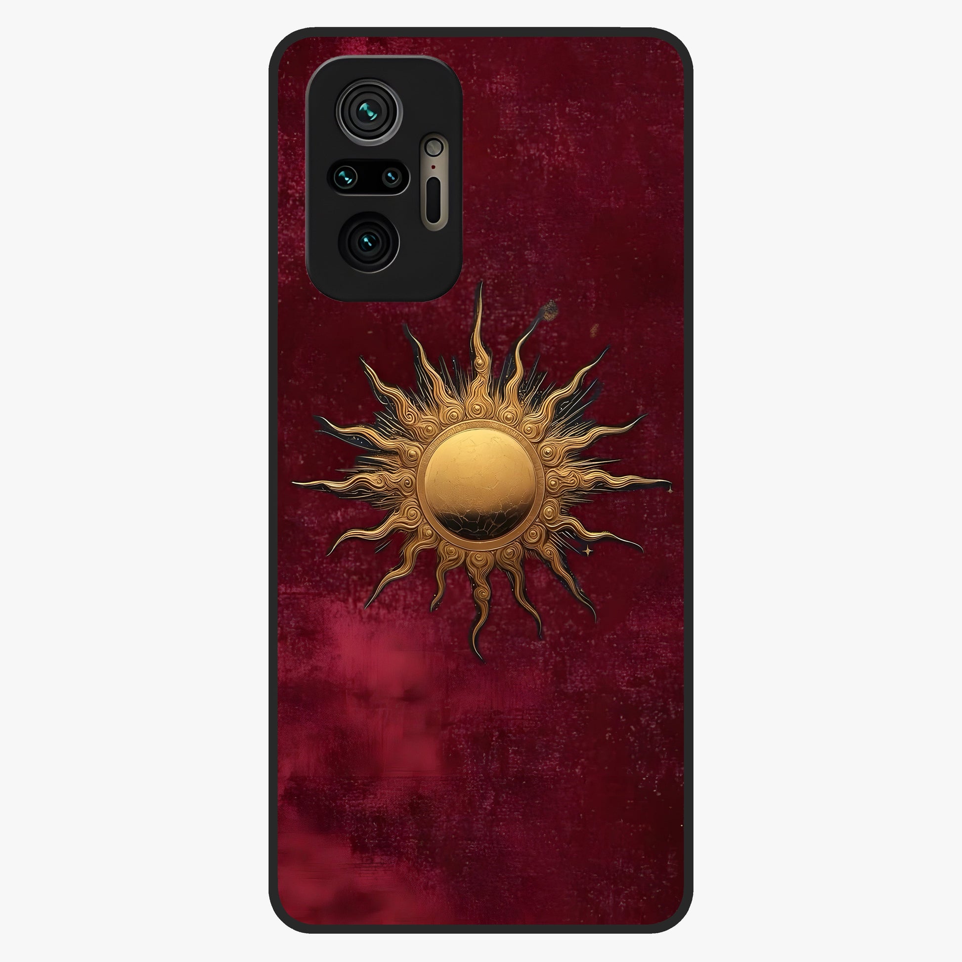 Gold Sun Blush Glass Case showing flat back view with golden sun inspired artwork and glossy glass finish.