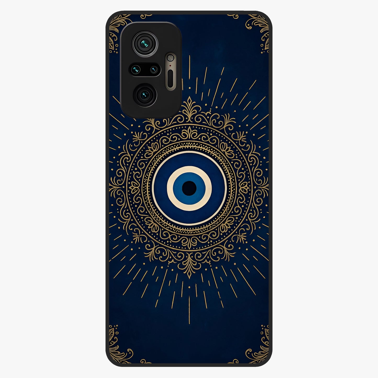 Golden Evil Eye Mandala Glass Case showing flat back view with intricate evil eye mandala artwork and glossy glass finish.