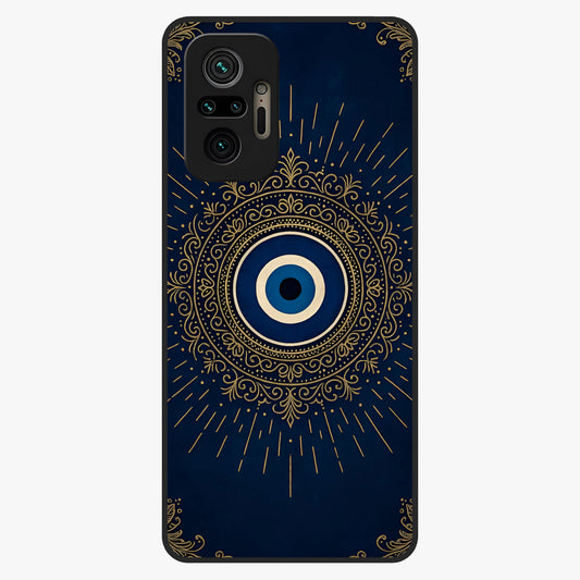 Golden Evil Eye Mandala Glass Case showing flat back view with intricate evil eye mandala artwork and glossy glass finish.