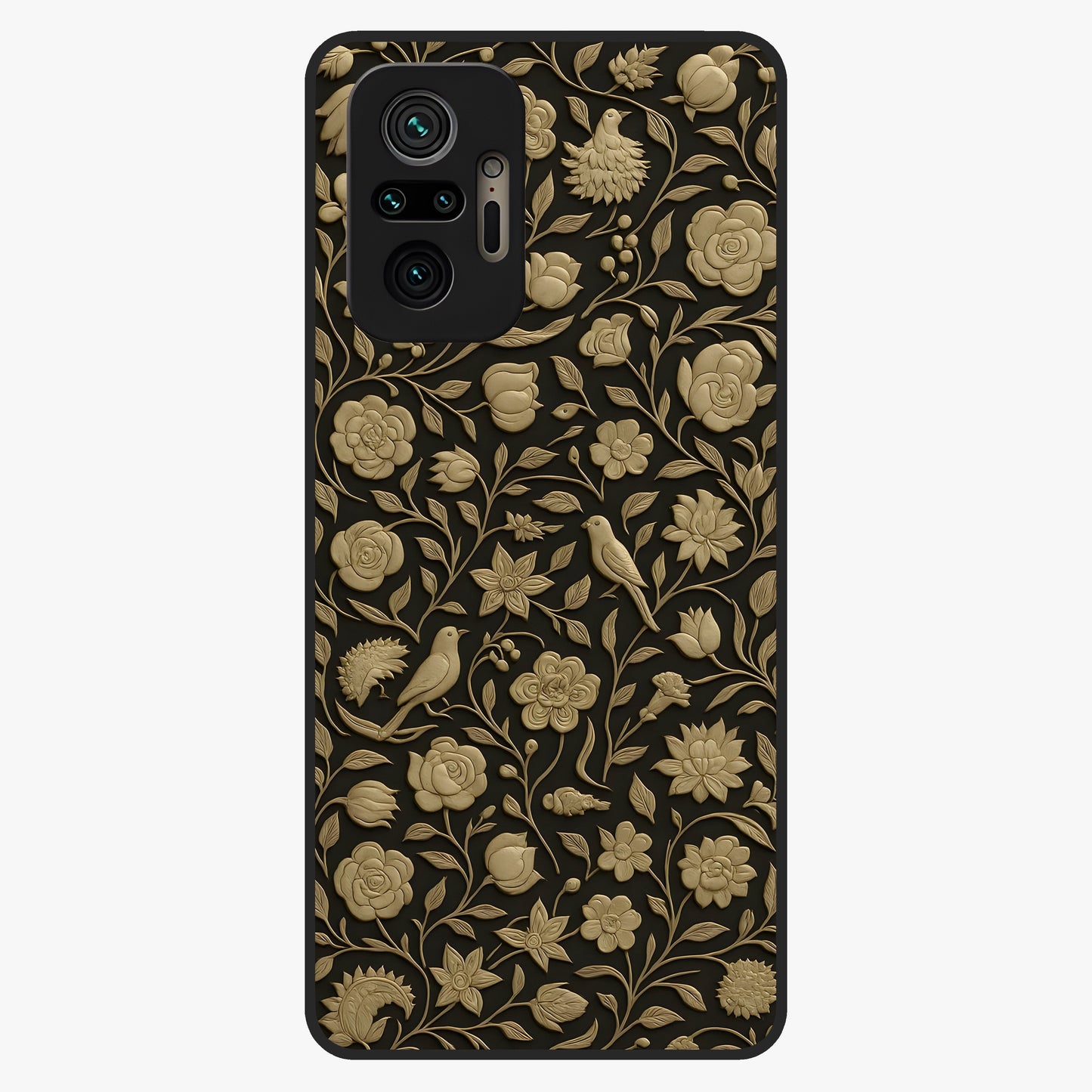 Golden Floral Majesty Glass Case showing flat back view with luxurious golden floral artwork and glossy glass finish.