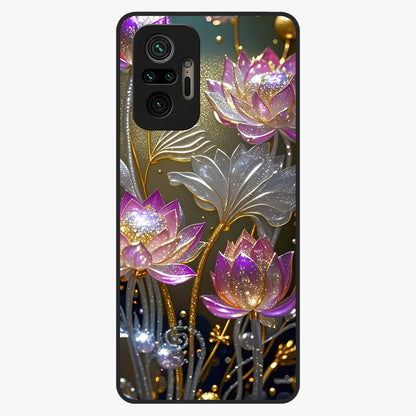 Golden Lotus Glow Glass Case showing flat back view with glowing lotus flower artwork and glossy glass finish.