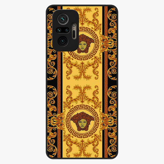 Golden Royal Heritage Glass Case showing flat back view with ornate royal pattern artwork and glossy glass finish.