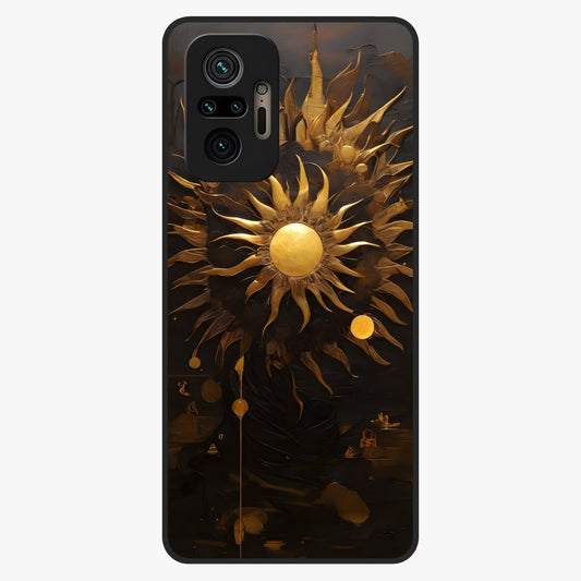 Golden Sun Majesty Glass Case showing flat back view with radiant golden sun artwork and glossy glass finish.