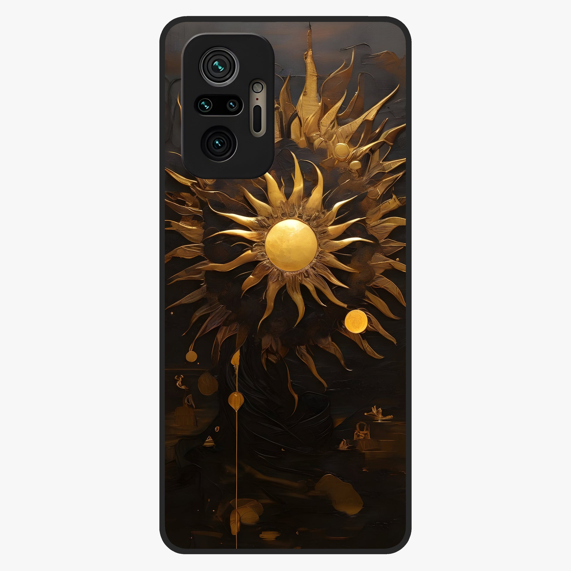 Golden Sun Majesty Glass Case showing flat back view with radiant golden sun artwork and glossy glass finish.