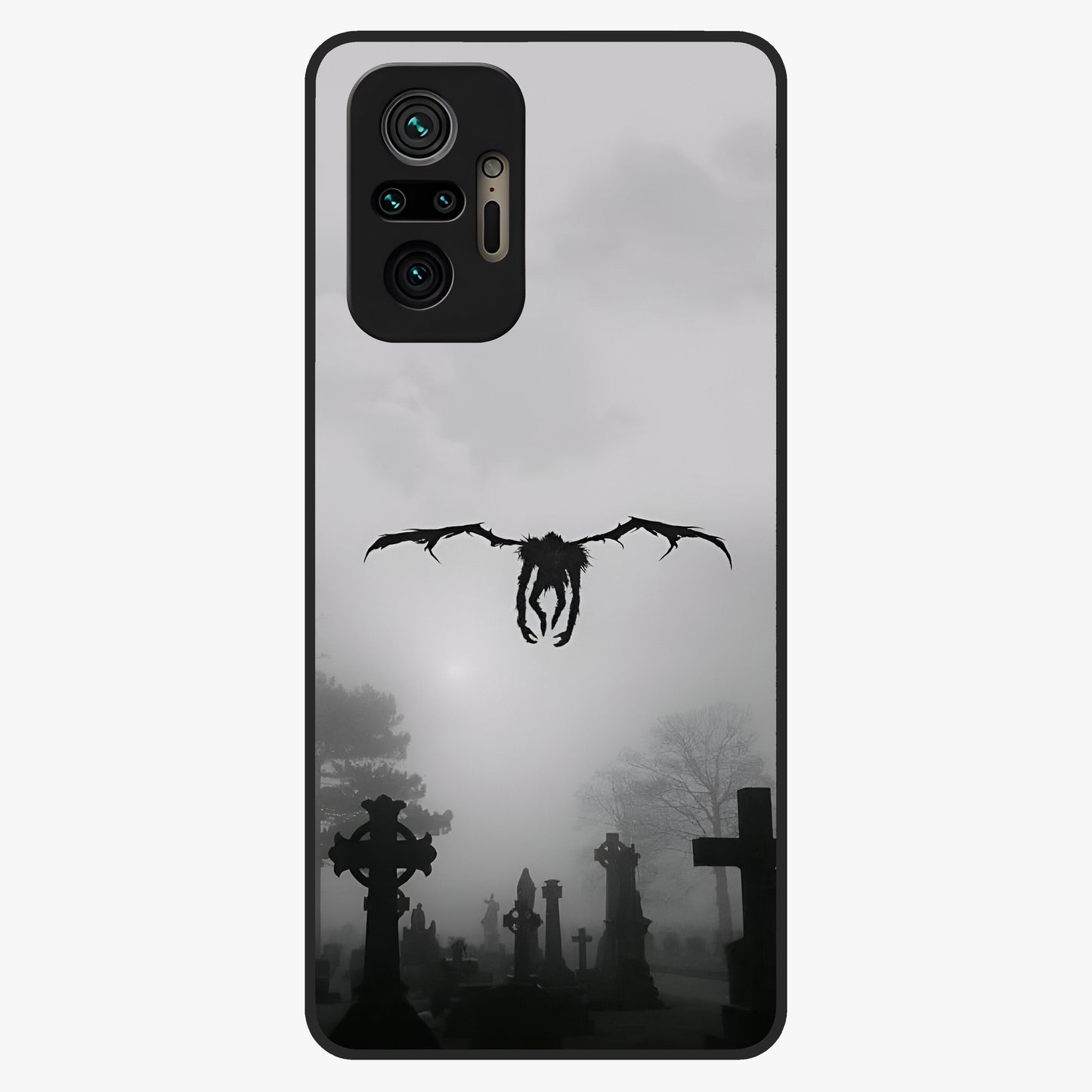 Graveyard Shadow Descent Glass Case showing flat back view with dark graveyard themed artwork and glossy glass finish.