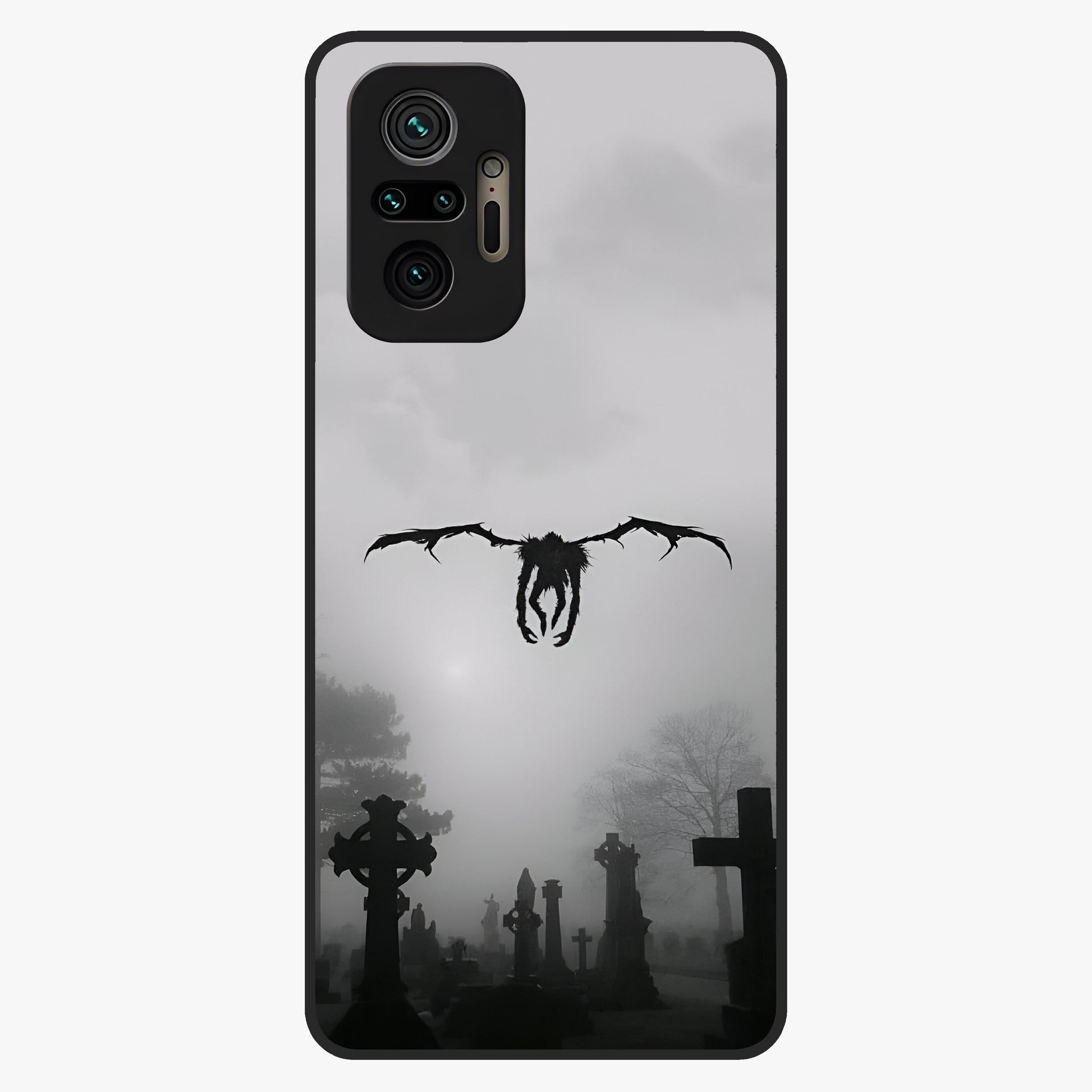 Graveyard Shadow Descent Glass Case showing flat back view with dark graveyard themed artwork and glossy glass finish.