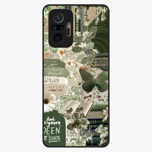 Green Islamic Books Quotes Glass Case showing flat back view with Islamic quotes and book themed artwork and glossy glass finish.