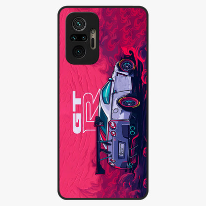 GT-R Car Pattern Glass Case showing flat back view with sporty car inspired pattern artwork and glossy glass finish.