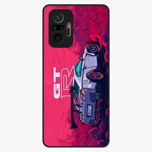 GT-R Car Pattern Glass Case showing flat back view with sporty car inspired pattern artwork and glossy glass finish.