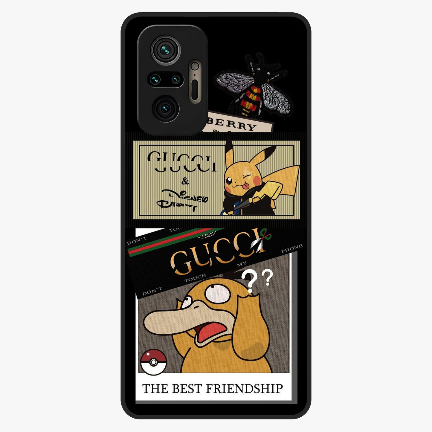 Gucci Play Mashup Glass Case showing flat back view with luxury inspired graphic artwork and glossy glass finish.