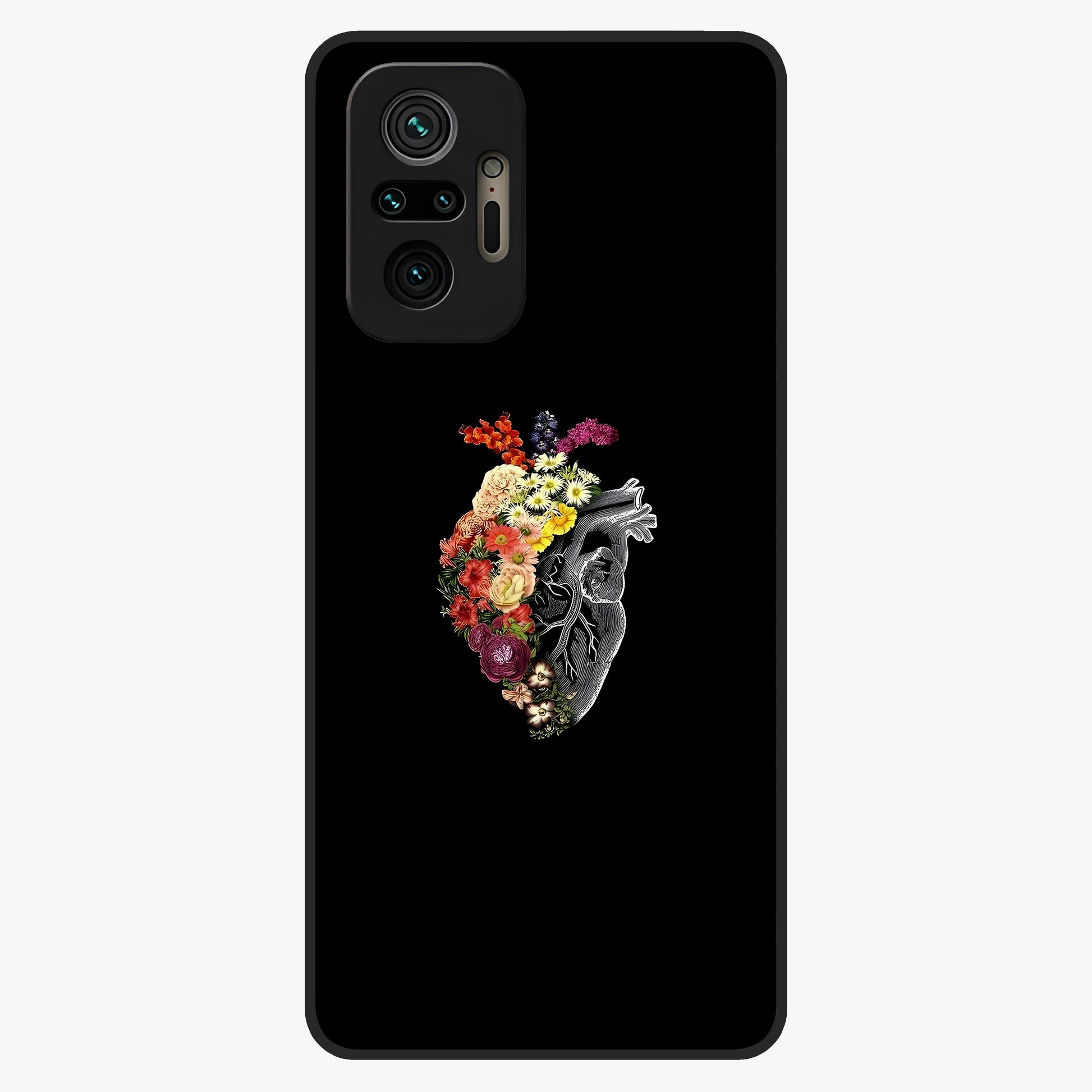 Heart With Flowers Glass Case showing flat back view with heart shaped floral artwork and glossy glass finish.