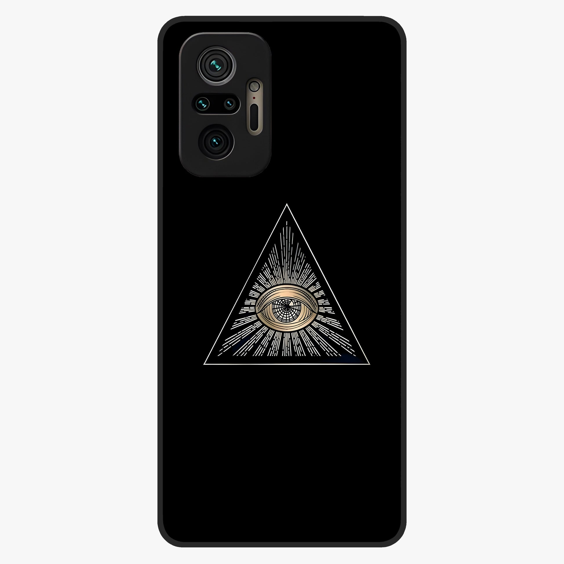 Illuminati Evil Glass Case showing flat back view with mysterious illuminati symbol artwork and glossy glass finish.