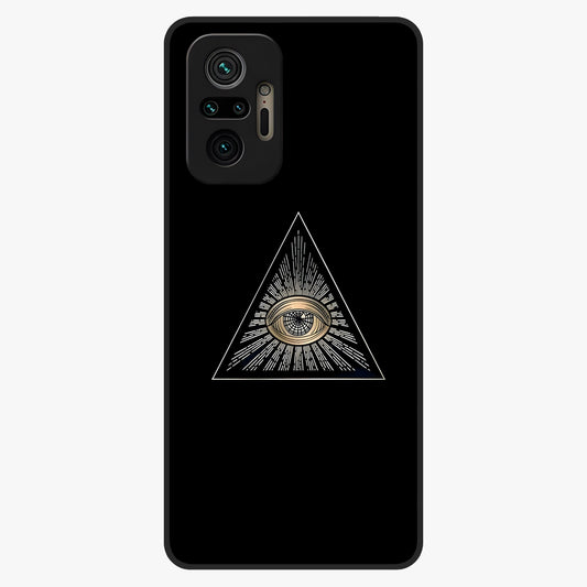 Illuminati Evil Glass Case showing flat back view with mysterious illuminati symbol artwork and glossy glass finish.