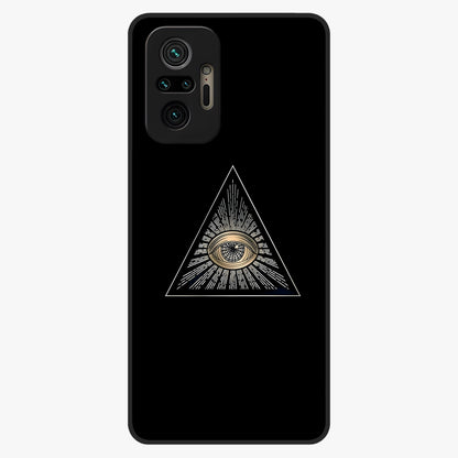 Illuminati Evil Glass Case showing flat back view with mysterious illuminati symbol artwork and glossy glass finish.