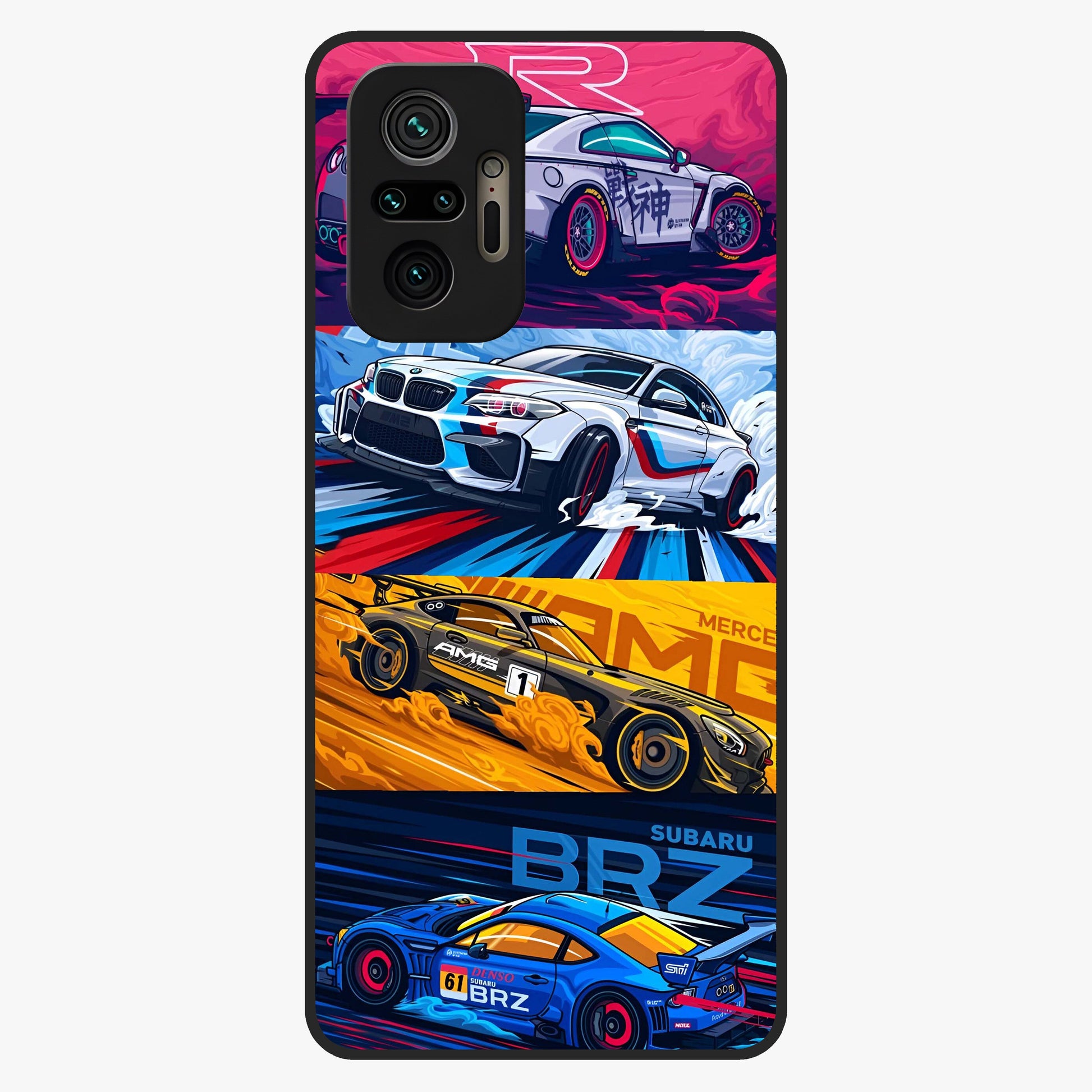 JDM Sports Car Glass Case showing flat back view with high performance sports car artwork and glossy glass finish.