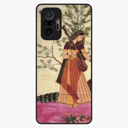 Lady With Veena Art Glass Case showing flat back view with elegant woman playing veena artwork and glossy glass finish.