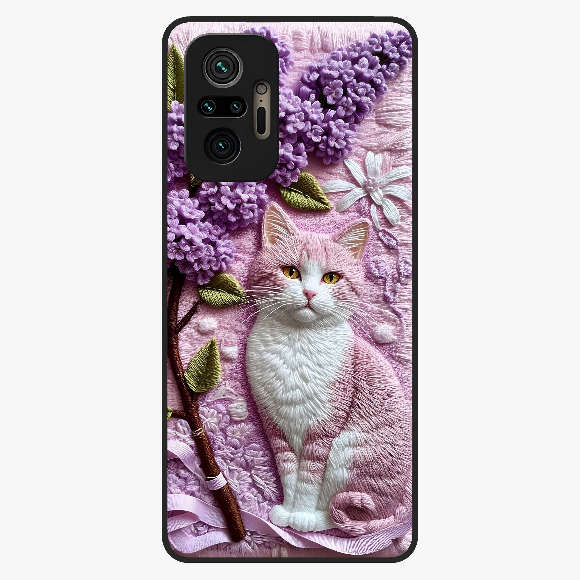 Lavender Cat Whimsy Glass Case showing flat back view with cute lavender cat artwork and glossy glass finish.