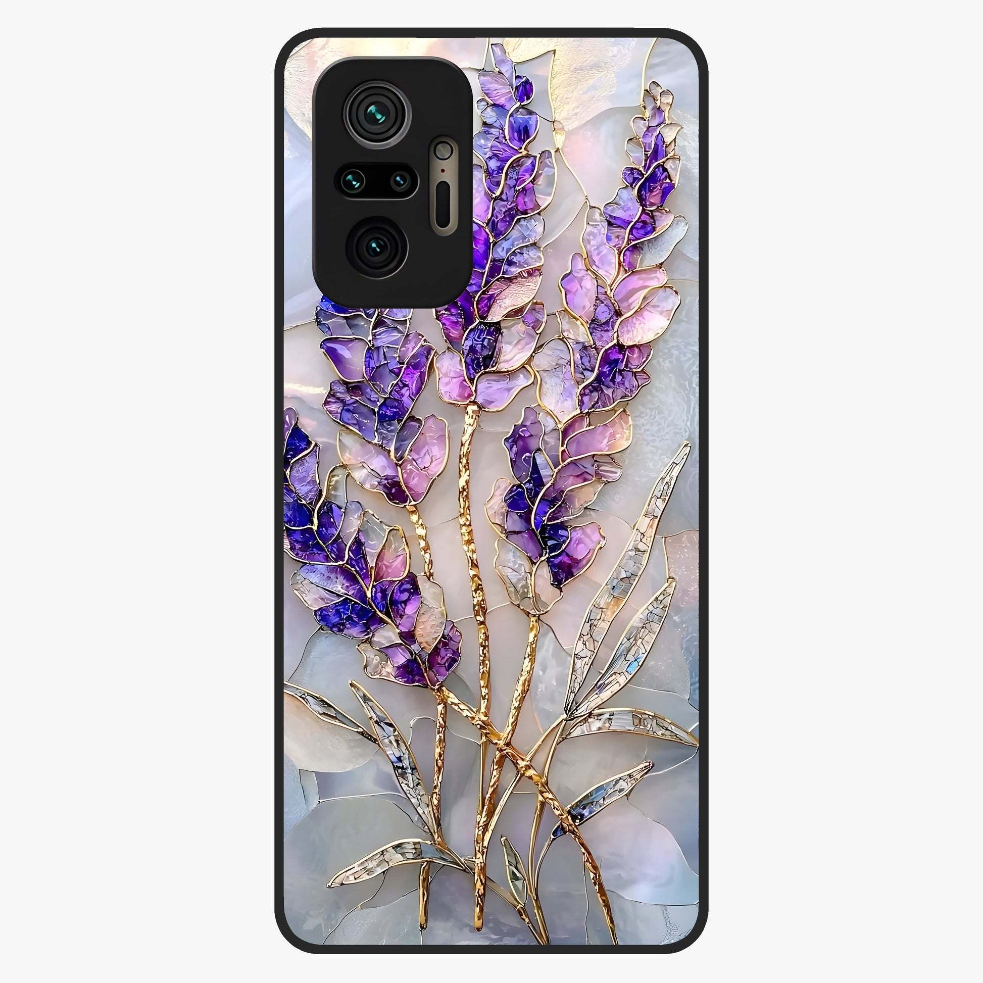 Lavender Dream Glow Glass Case showing flat back view with glowing lavender aesthetic artwork and glossy glass finish.
