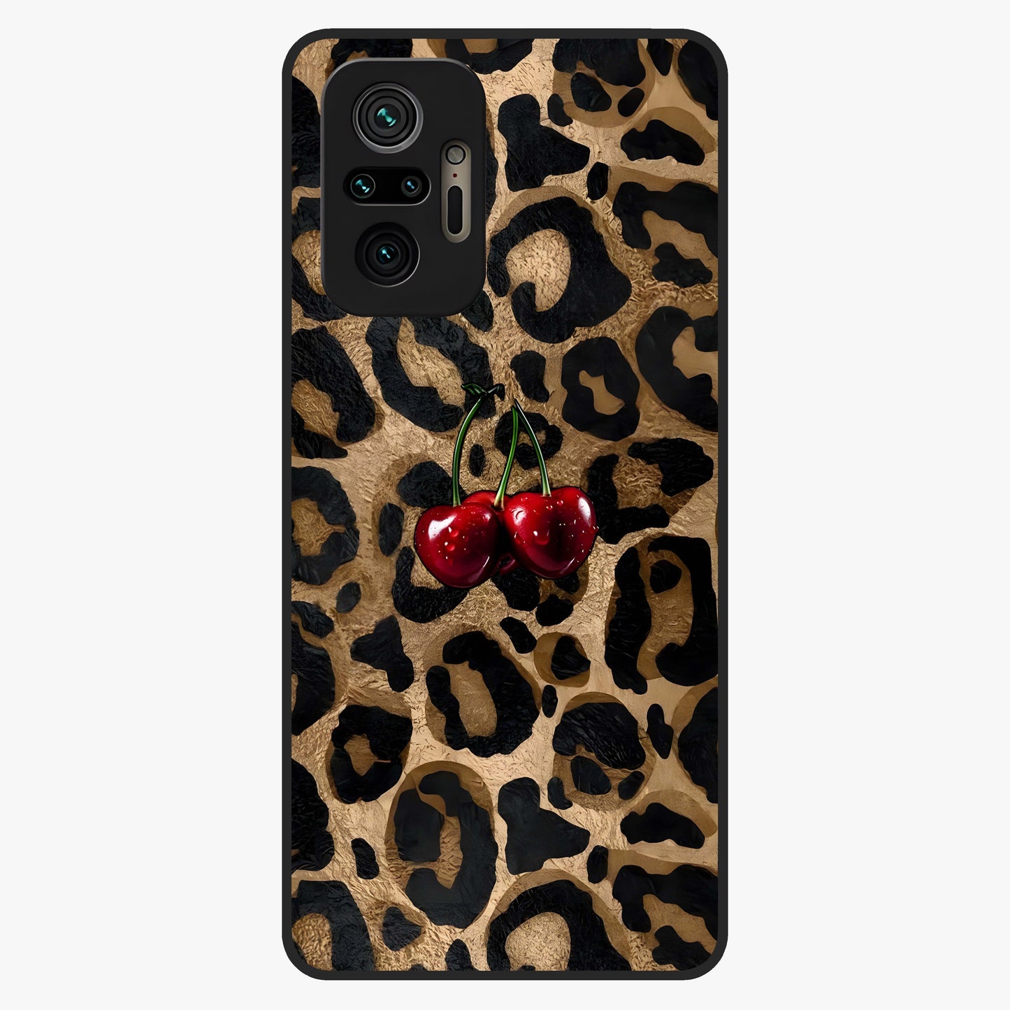 Leopard Wild Cherry Glass Case showing flat back view with leopard pattern and cherry artwork and glossy glass finish.