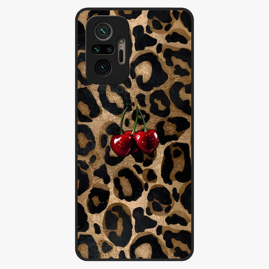 Leopard Wild Cherry Glass Case showing flat back view with leopard pattern and cherry artwork and glossy glass finish.