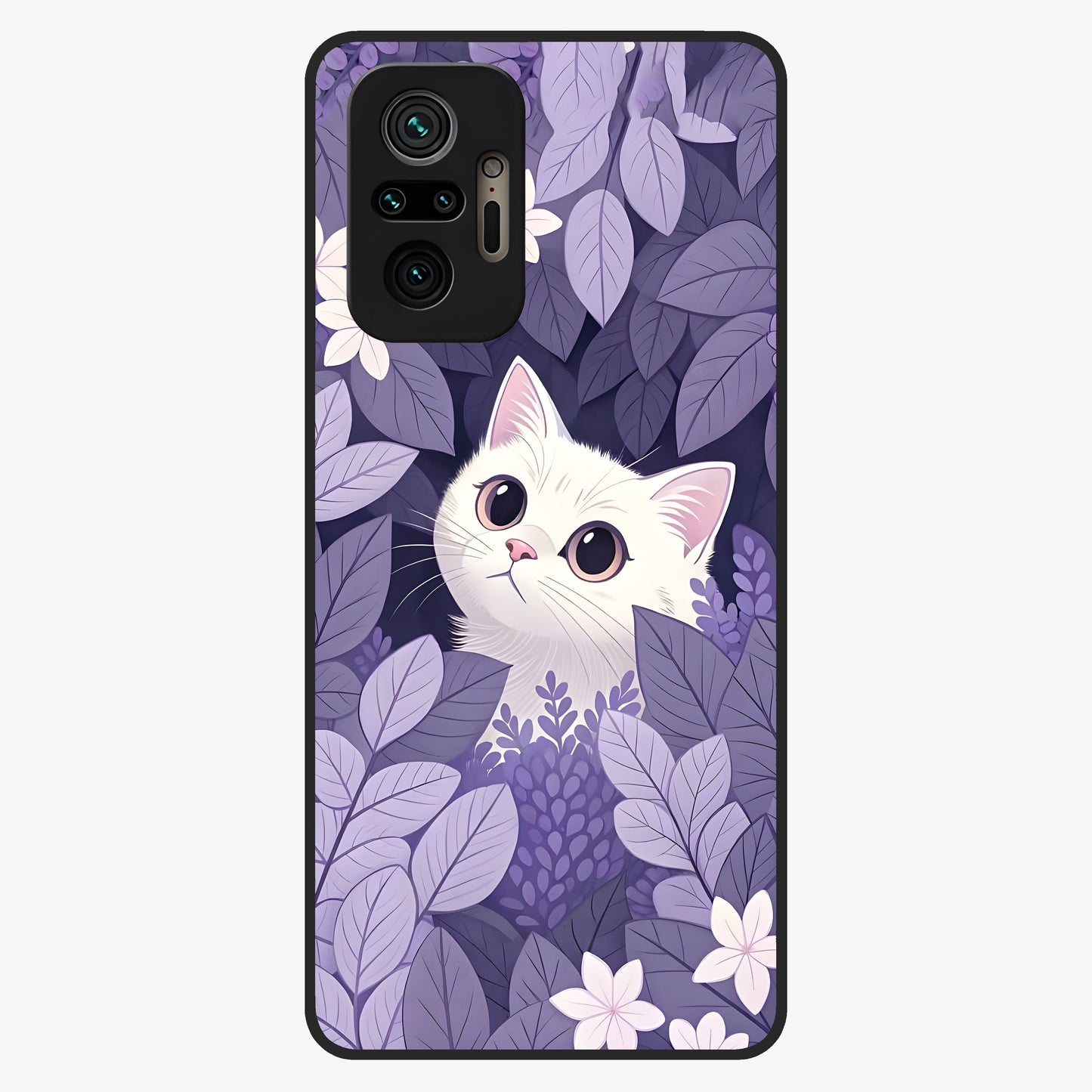 Lilac Hide Peek Cat Glass Case showing flat back view with cute peeking cat artwork and glossy glass finish.