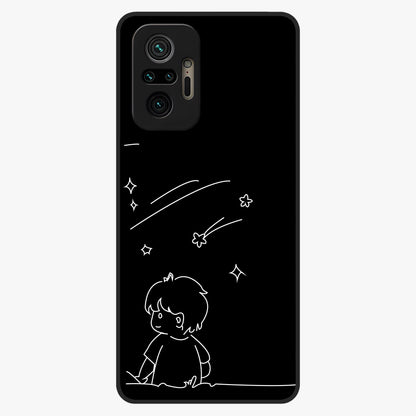 Line Art Boy With Shooting Stars Glass Case showing flat back view with minimal line art boy and shooting stars illustration and glossy glass finish.