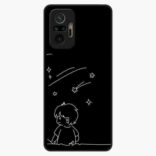 Line Art Boy With Shooting Stars Glass Case showing flat back view with minimal line art boy and shooting stars illustration and glossy glass finish.