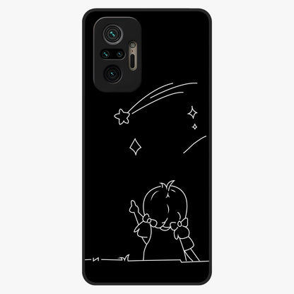 Line Art Girl With Shooting Stars Glass Case showing flat back view with minimal line art girl and shooting stars illustration and glossy glass finish.