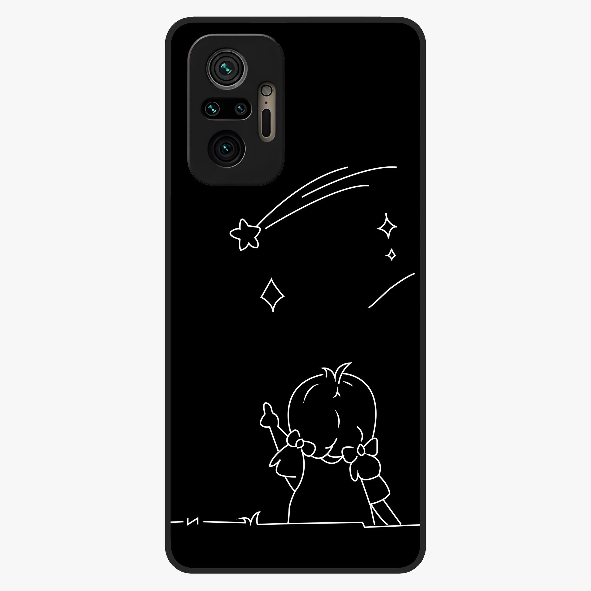 Line Art Girl With Shooting Stars Glass Case showing flat back view with minimal line art girl and shooting stars illustration and glossy glass finish.