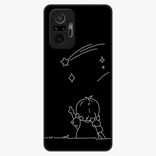 Line Art Girl With Shooting Stars Glass Case showing flat back view with minimal line art girl and shooting stars illustration and glossy glass finish.