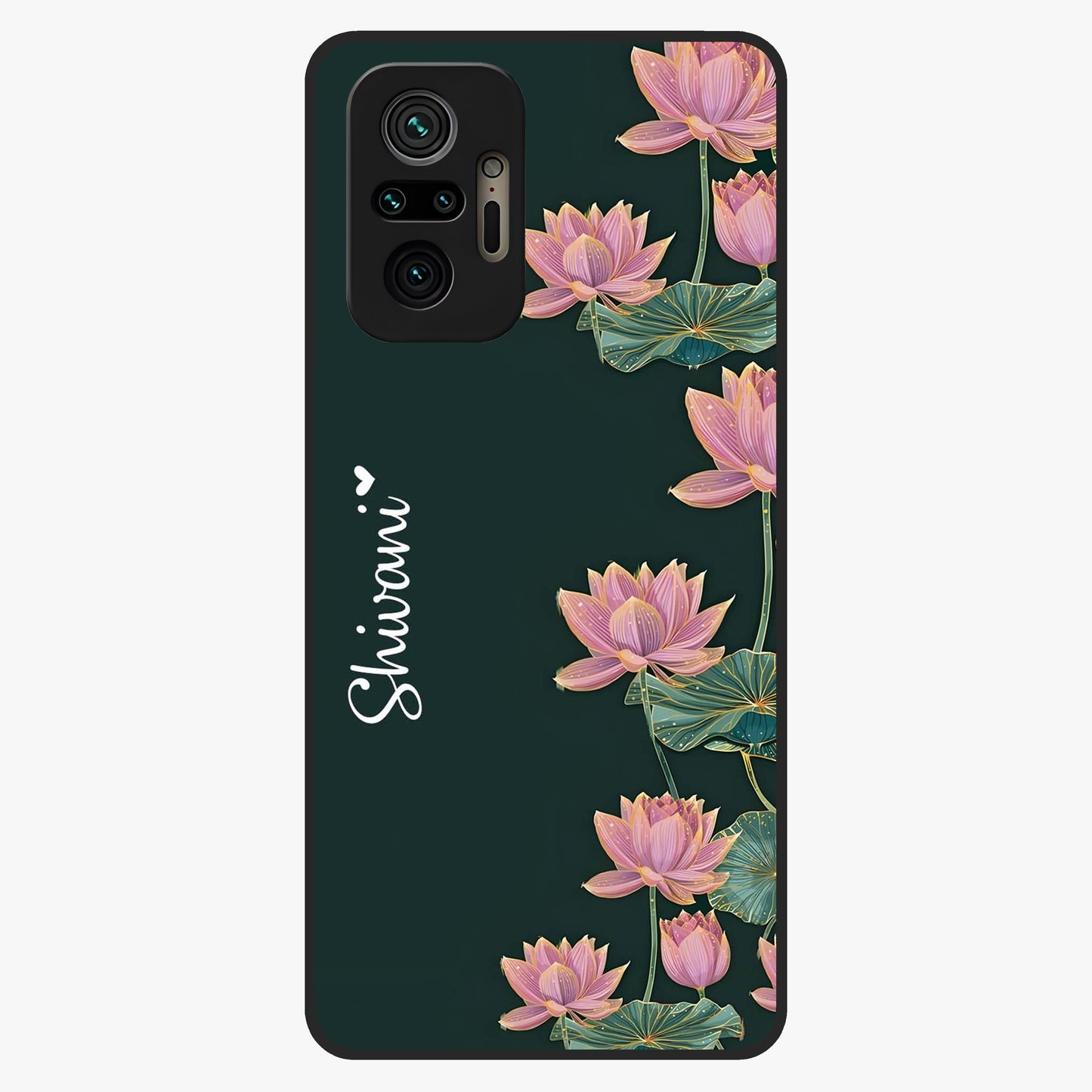 Lotus Bloom Serenity Custom Name Glass Case showing flat back view with elegant lotus flower artwork and personalized name design.