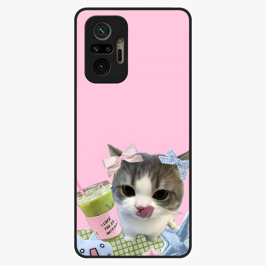 Love Matcha Cat Glass Case showing flat back view with cute cat and matcha themed artwork and glossy glass finish.
