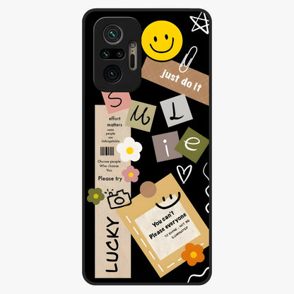 Lucky Aesthetic Collage Glass Case showing flat back view with trendy aesthetic collage artwork and glossy glass finish.