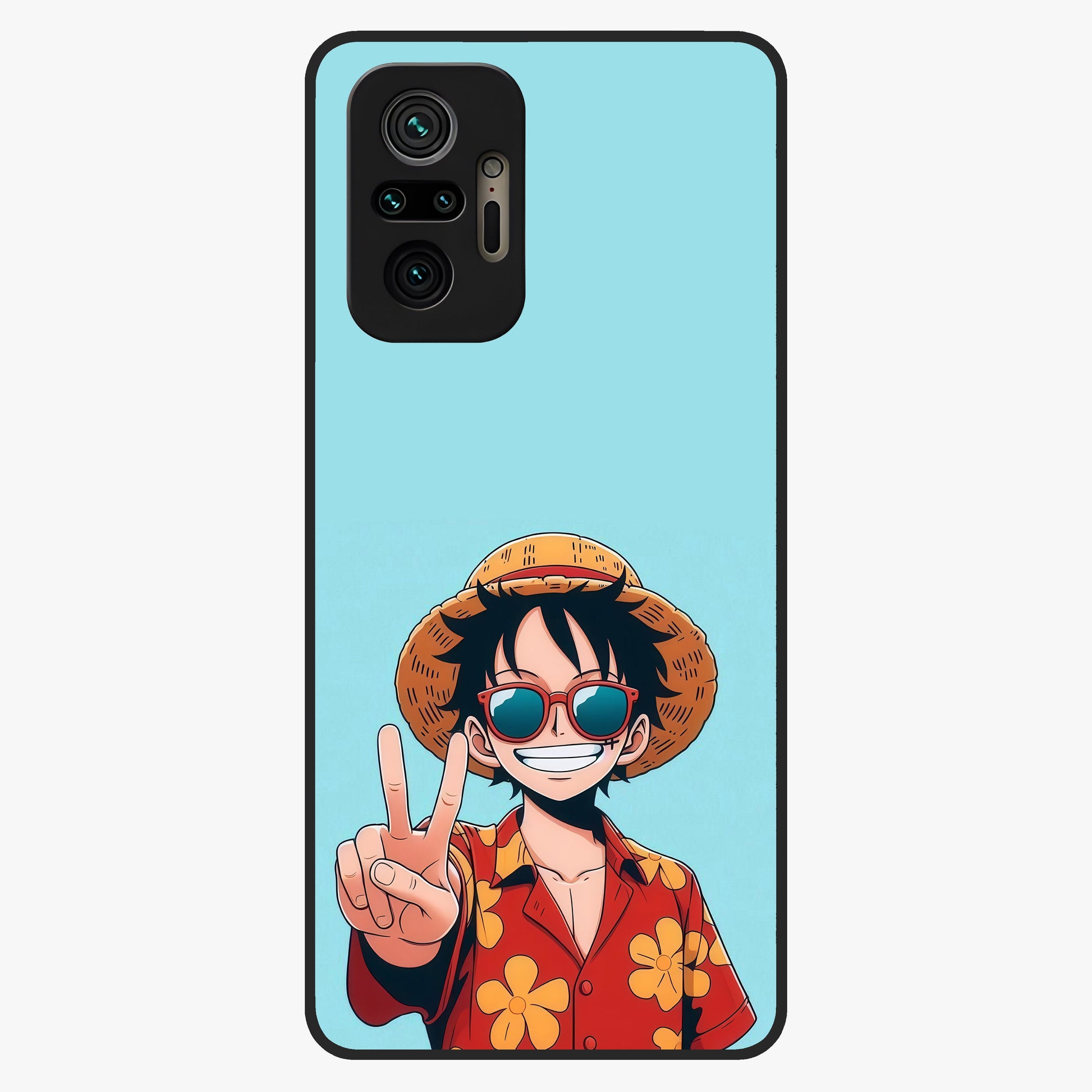 Luffy Summer Anime Vibe Glass Case showing flat back view with vibrant anime character artwork and glossy glass finish.