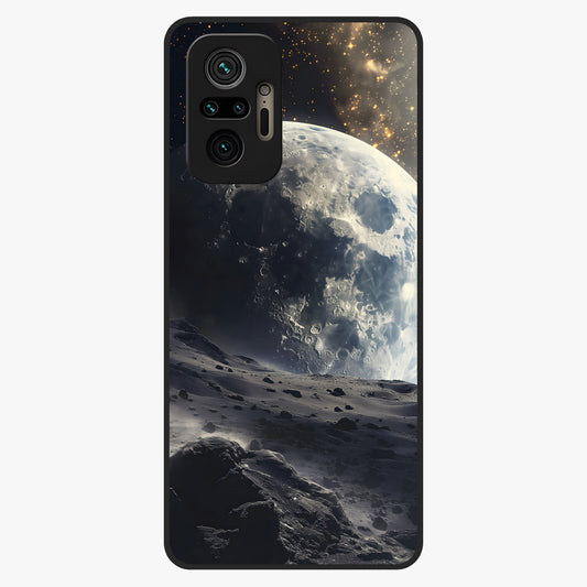 Lunar Horizon Glow Glass Case showing flat back view with glowing moon horizon artwork and glossy glass finish.