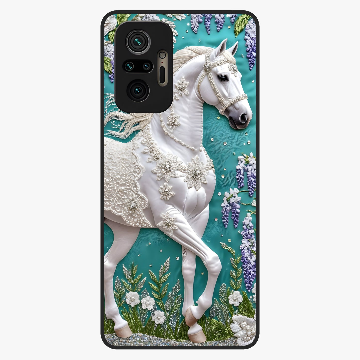 Majestic Floral Stallion Glass Case showing flat back view with powerful horse and floral artwork and glossy glass finish.