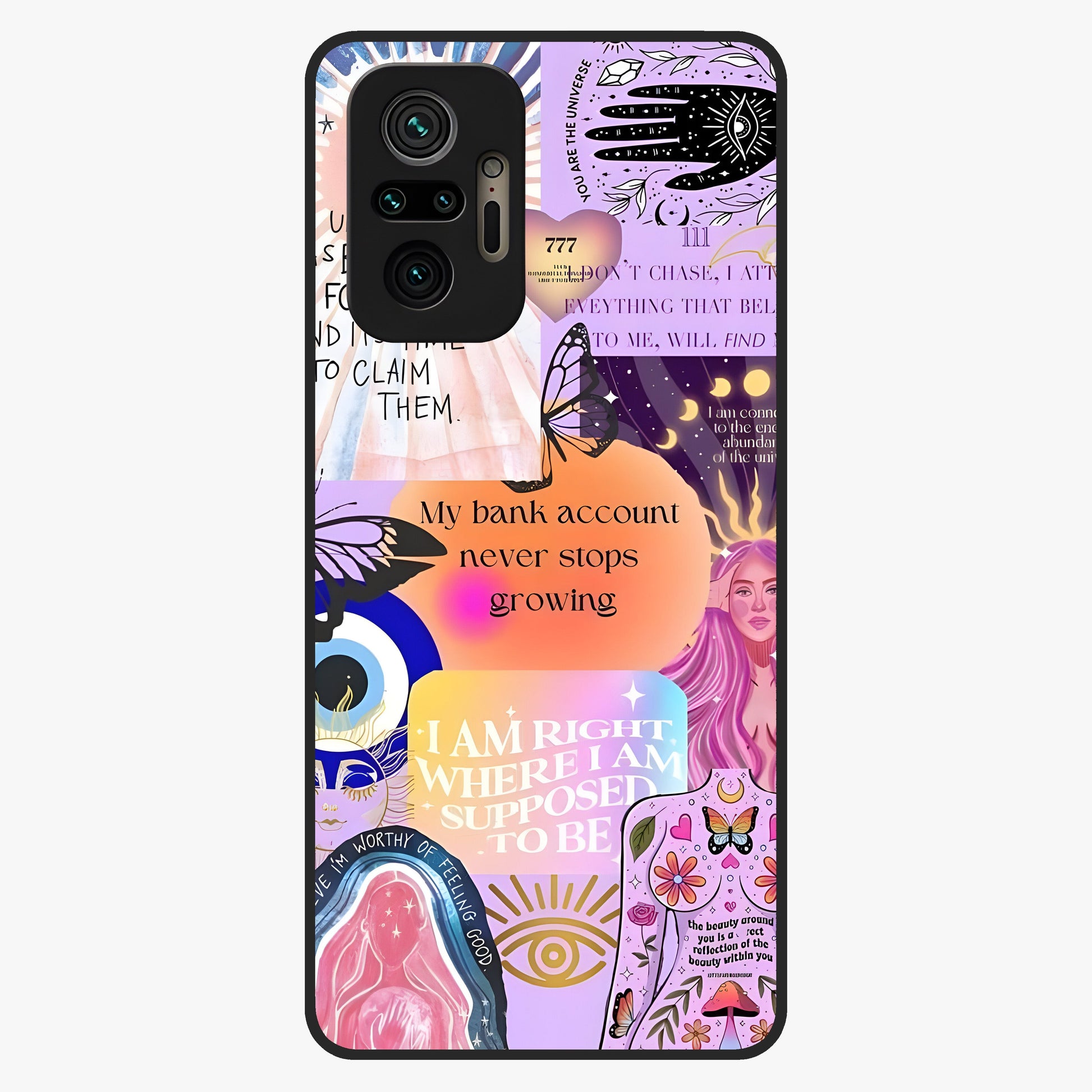 Manifestation Collage Glass Case showing flat back view with motivational collage artwork and glossy glass finish.