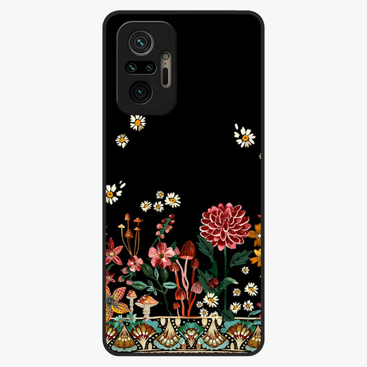 Midnight Bloom Pattern Glass Case showing flat back view with dark floral pattern artwork and glossy glass finish.