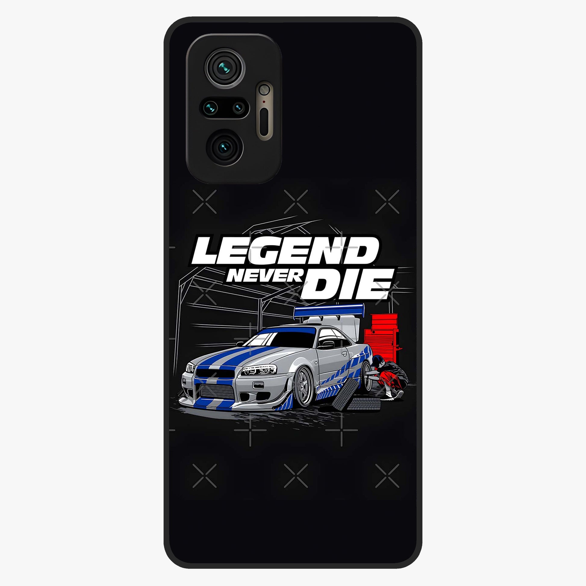 Midnight Racing Legacy Glass Case showing flat back view with sleek racing inspired artwork and glossy glass finish.