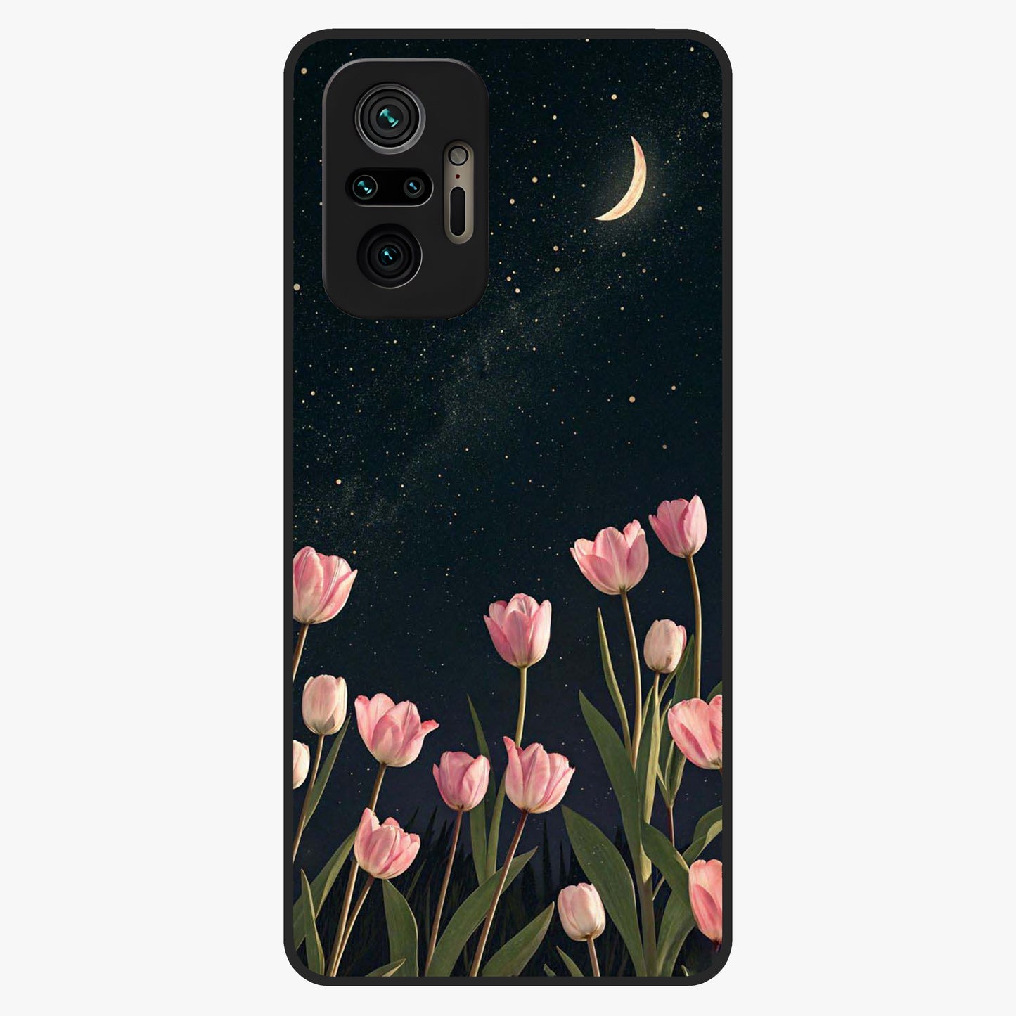 Midnight Tulip Whispers Vibe Glass Case showing flat back view with elegant tulip flower artwork and glossy glass finish.