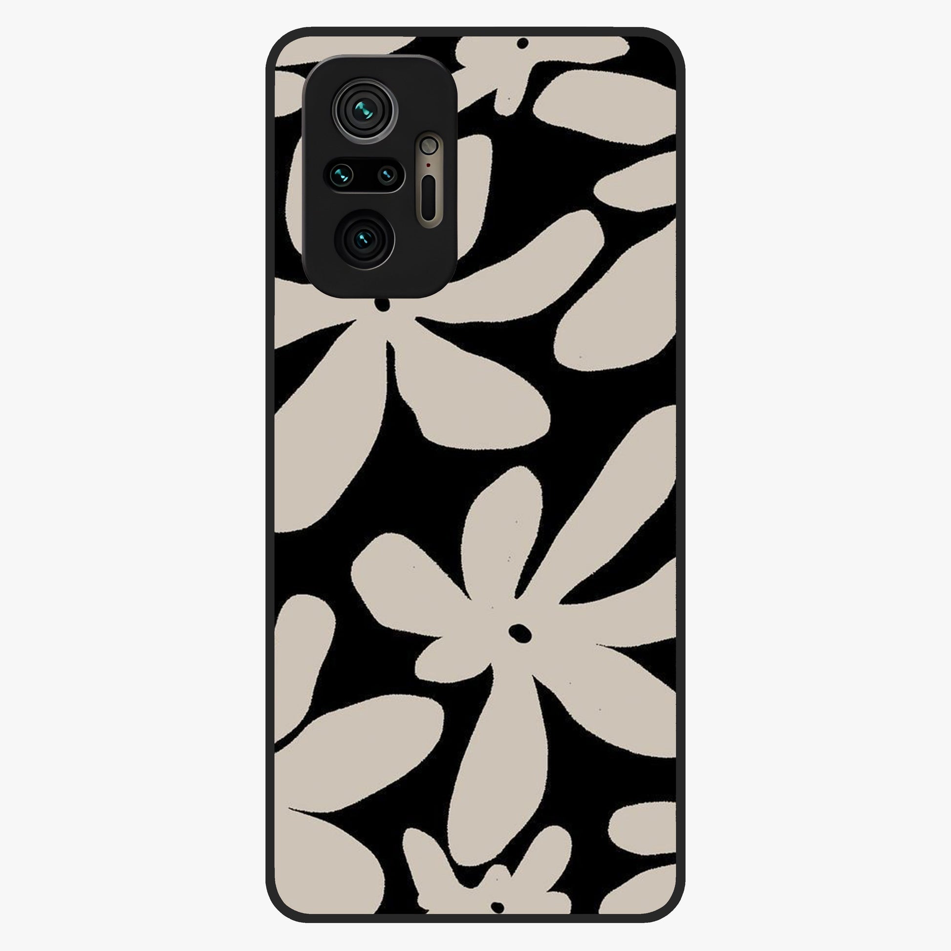 Monochrome Petal Dance Glass Case showing flat back view with monochrome floral artwork and glossy glass finish.