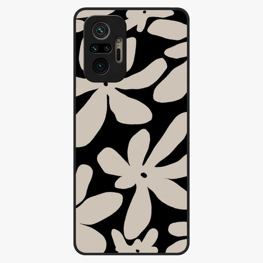 Monochrome Petal Dance Glass Case showing flat back view with monochrome floral artwork and glossy glass finish.