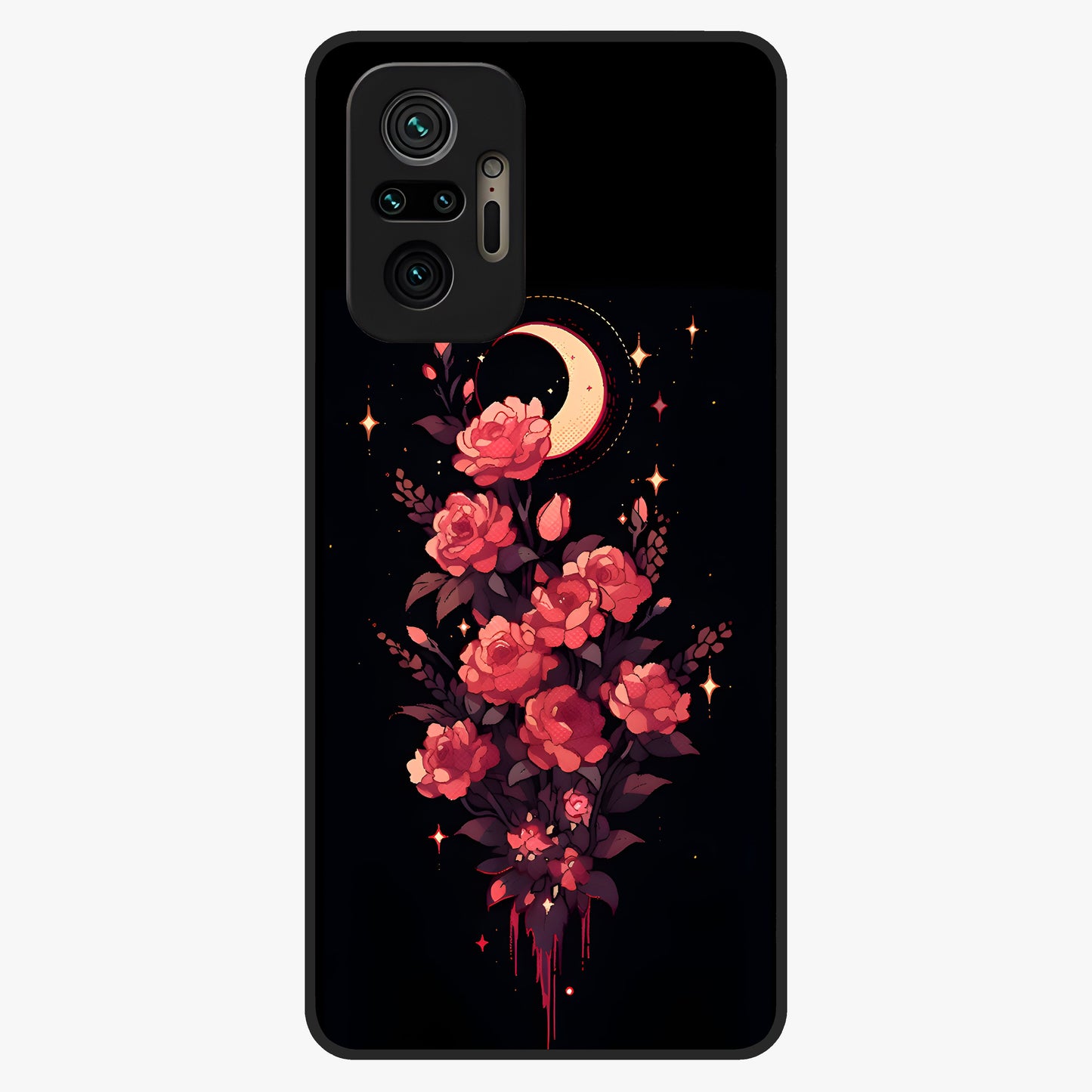 Moonlit Floral Elegance Glass Case showing flat back view with elegant floral artwork under moonlit tones and glossy glass finish.