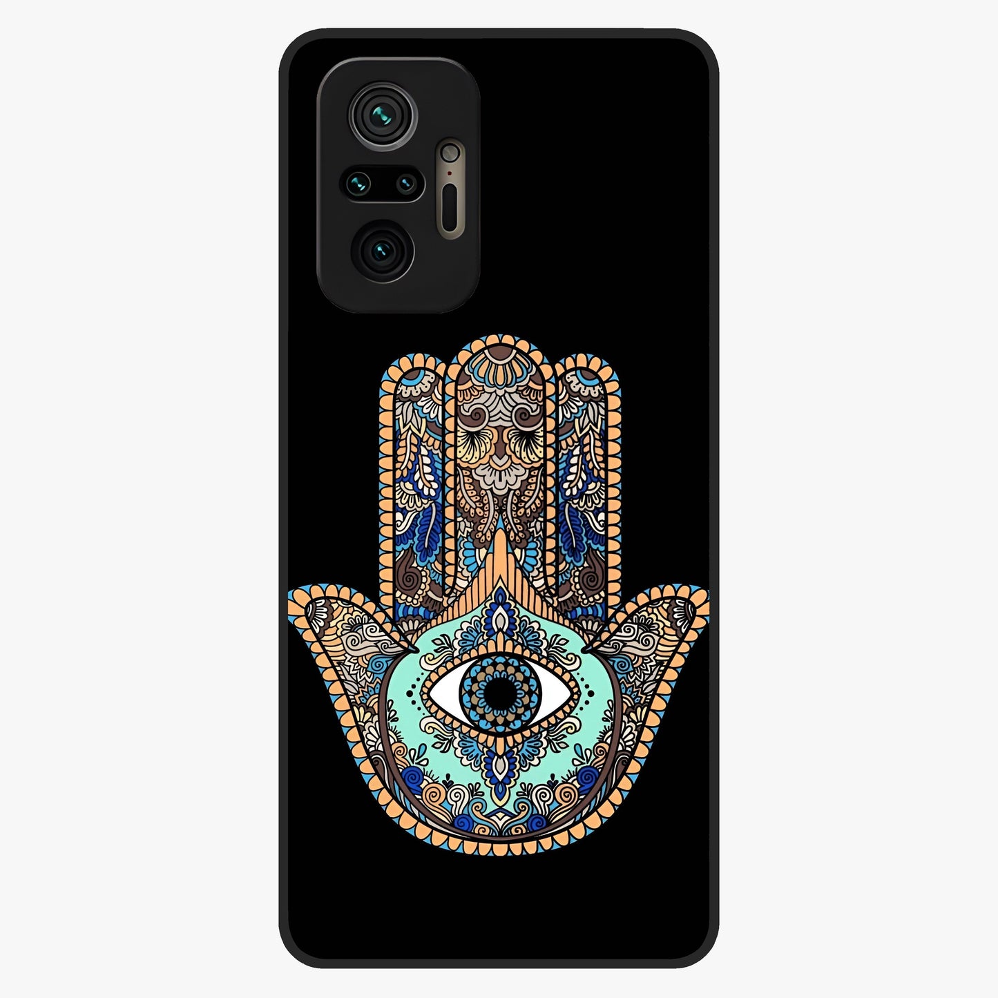 Mystic Hamsa Eye Glass Case showing flat back view with protective hamsa hand and evil eye artwork and glossy glass finish.
