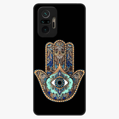 Mystic Hamsa Eye Glass Case showing flat back view with protective hamsa hand and evil eye artwork and glossy glass finish.