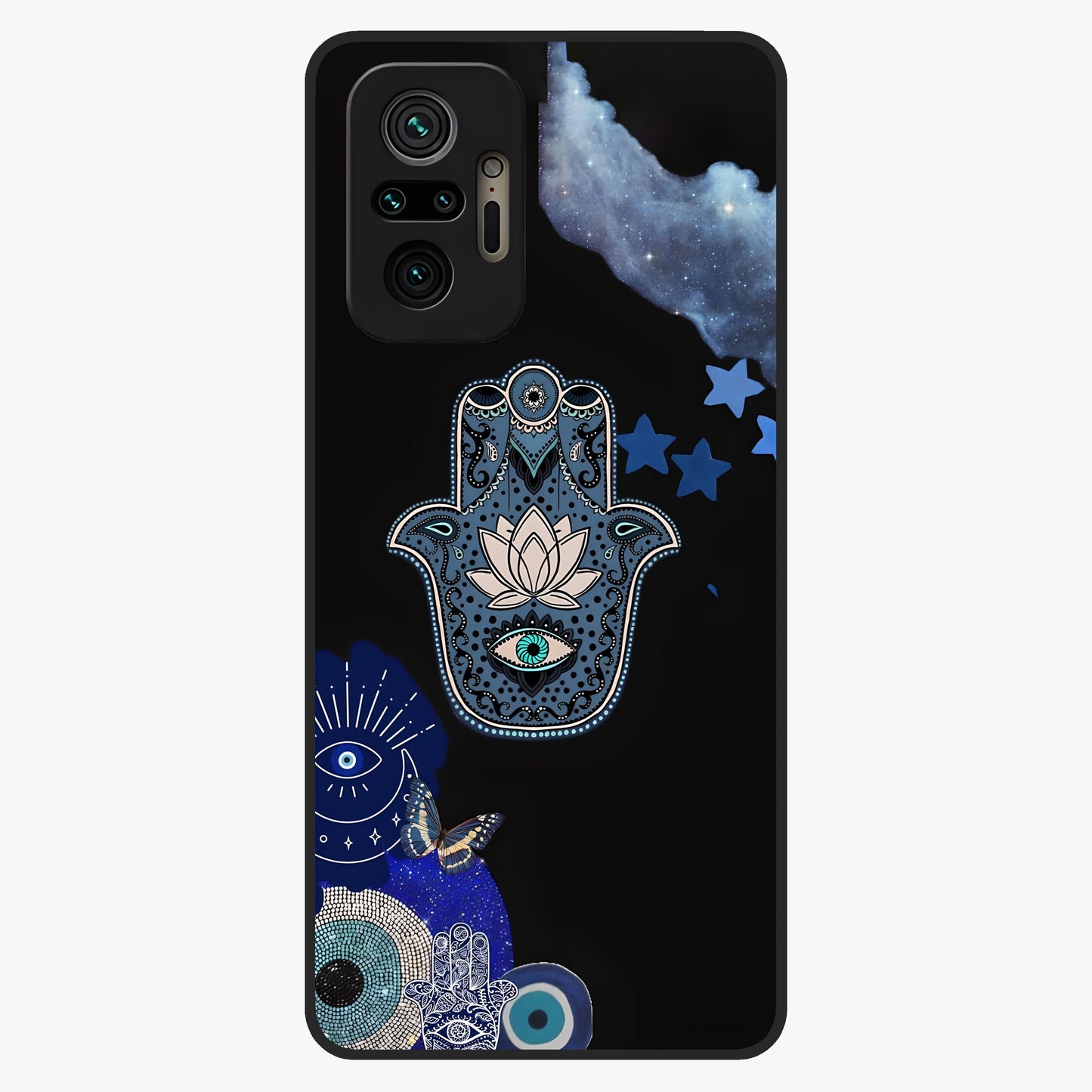 Mystic Hand Aura Glass Case showing flat back view with mystical hand symbol artwork and glossy glass finish.