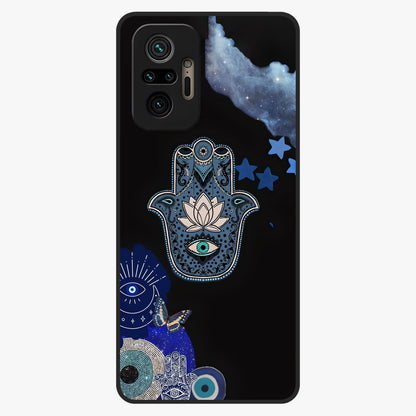 Mystic Hand Aura Glass Case showing flat back view with mystical hand symbol artwork and glossy glass finish.